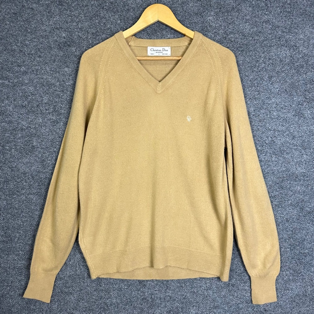 Vintage Christian Dior V-Neck Sweater Mens Large Tan Vintage Embroidered Logo